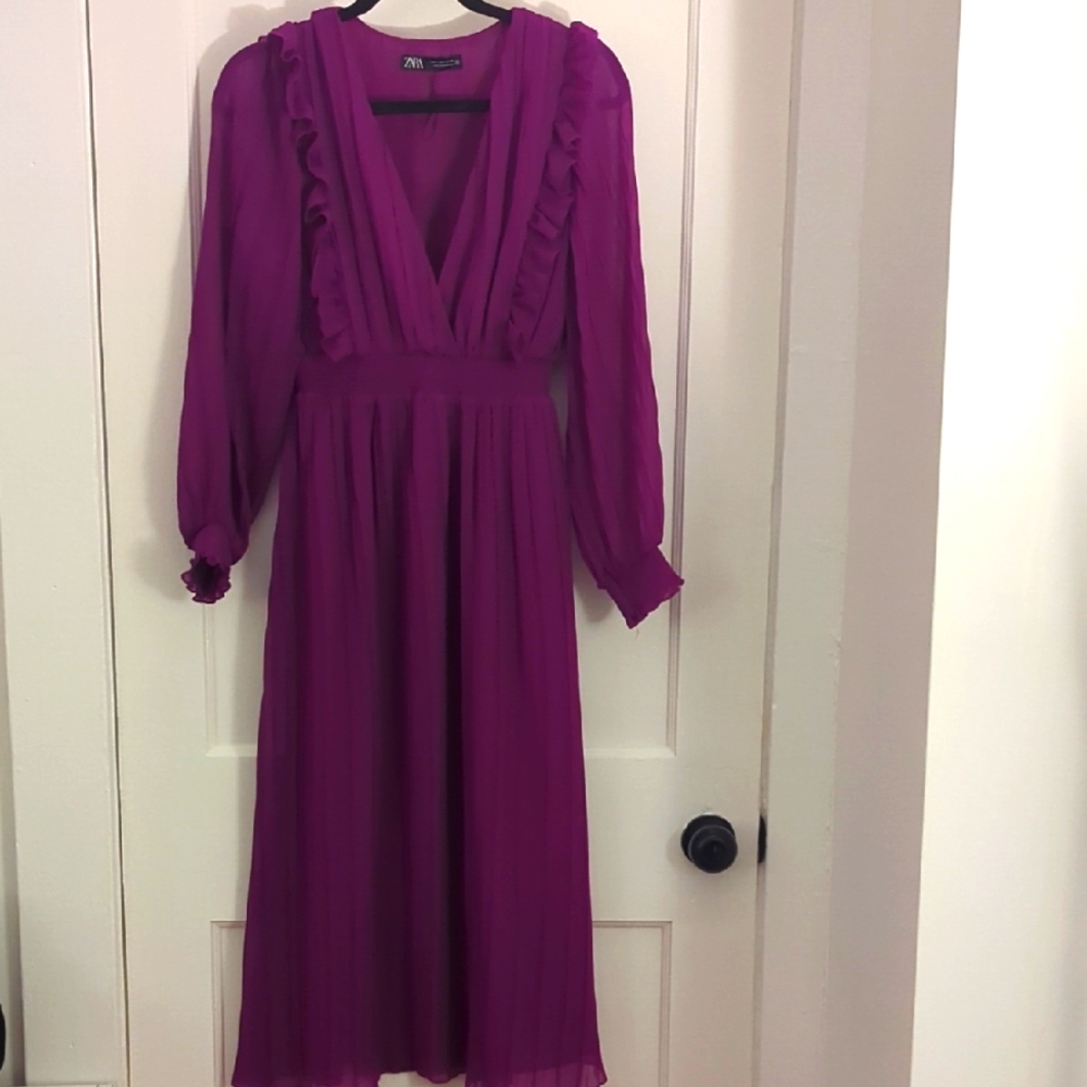 ZARA Women's Pleated Midi Dress Size Small Elegant Purple Women's Dress